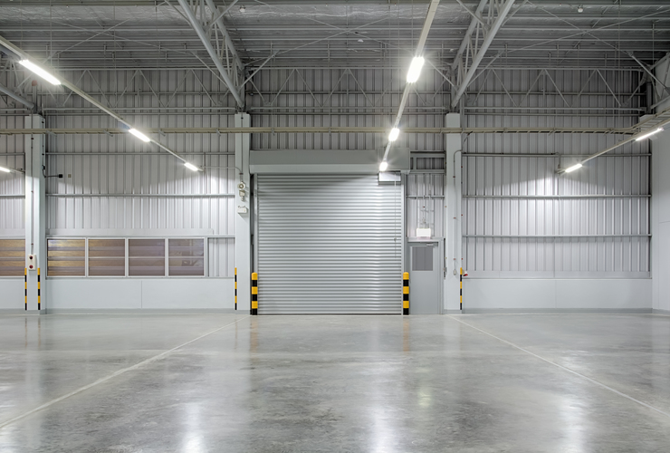 Roller shutter door and concrete floor outside factory building for industry background.